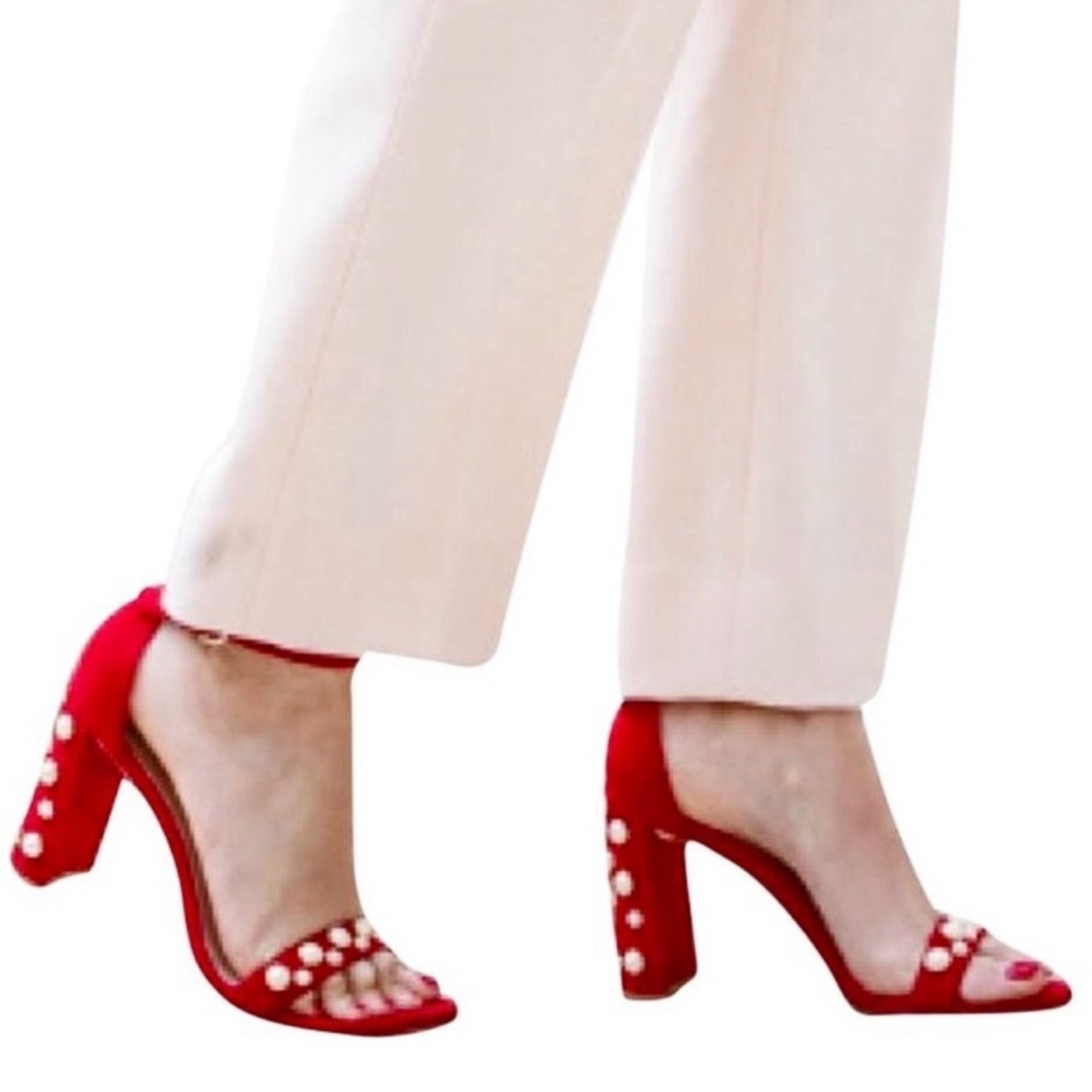 Stuart Weitzman Red Suede More Pearls Strap Sandal Designer Shoe Platform Sz 7.5